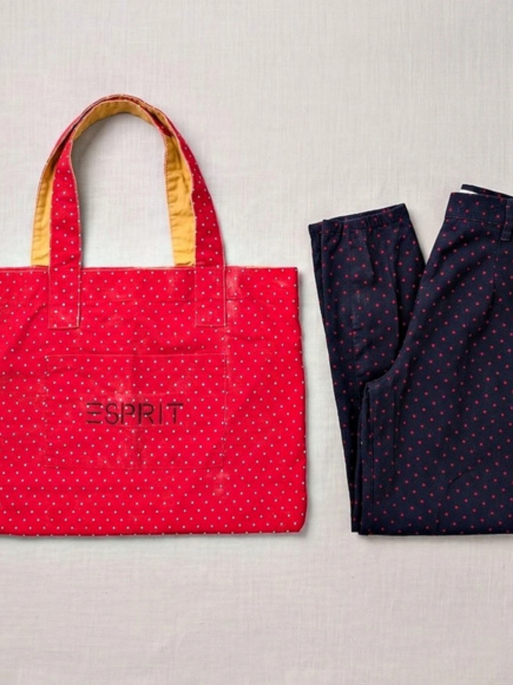 Very RARE Vintage Esprit Red Tote Bag + Black Red Polka Pants
